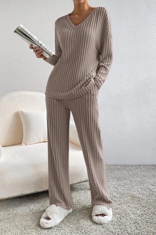 Ribbed V-Neck Top and Pants Set - Trendsi - Flyclothing LLC