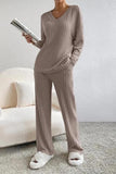 Ribbed V-Neck Top and Pants Set - Trendsi