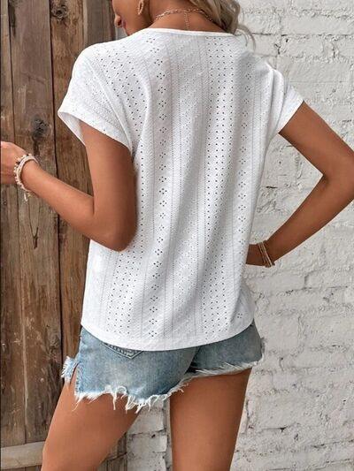 Eyelet V-Neck Short Sleeve T-Shirt - Trendsi