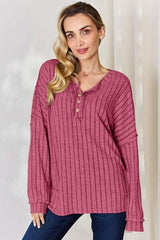 Basic Bae Full Size Ribbed Half Button Long Sleeve T-Shirt - Trendsi