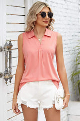 Ruched Johnny Collar Tank - Trendsi - Flyclothing LLC