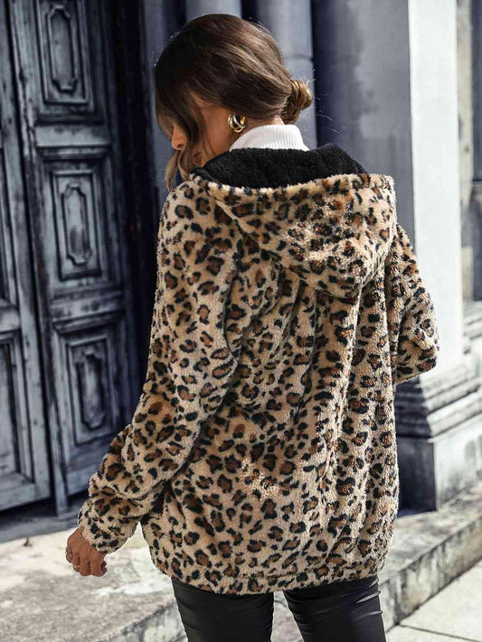 Leopard Zip-Up Hooded Jacket - Trendsi