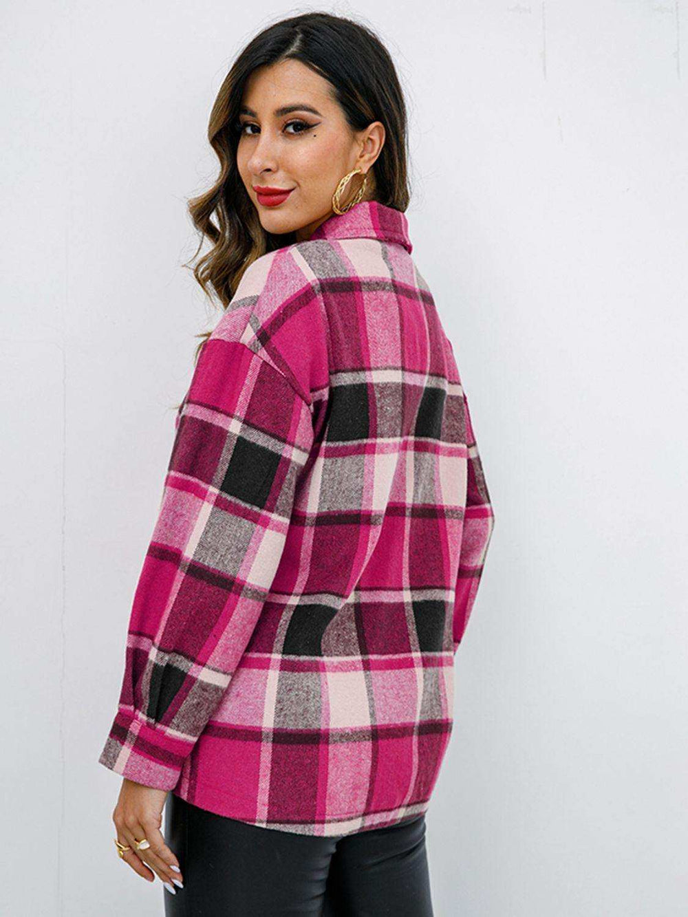 Plaid Button-Down Jacket - Trendsi - Flyclothing LLC
