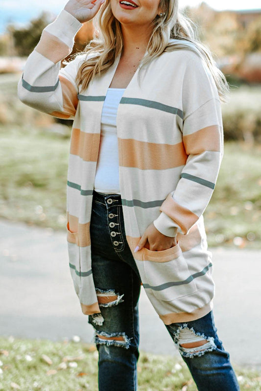 Plus Size Striped Open Front Cardigan - Trendsi
