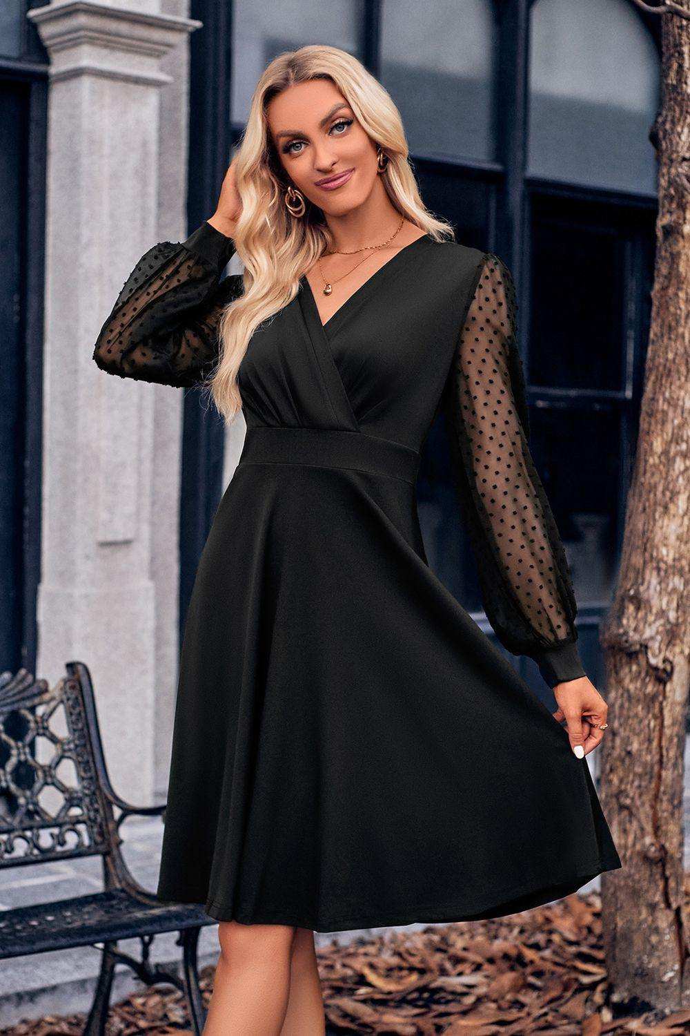 Surplice Neck Swiss Dot Long Sleeve Dress - Trendsi - Flyclothing LLC