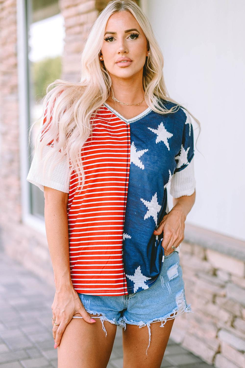 Star and Stripe V-Neck Top - Trendsi