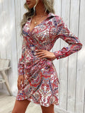 Tied Printed Long Sleeve Mini Dress - Trendsi