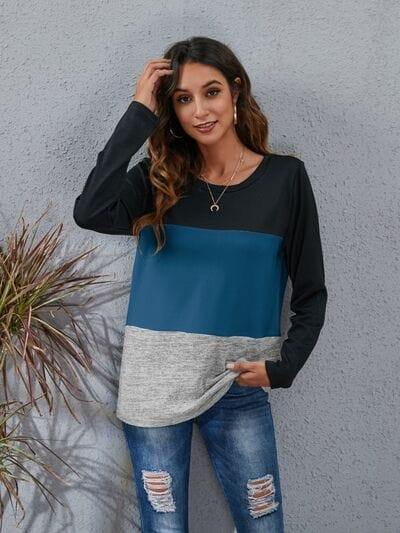 Color Block Round Neck Long Sleeve T-Shirt - Trendsi