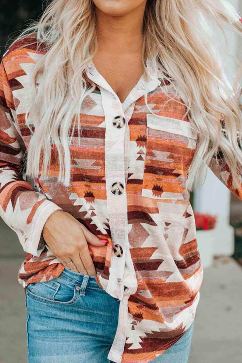 Printed Button Up Long Sleeve Shirt - Trendsi - Flyclothing LLC
