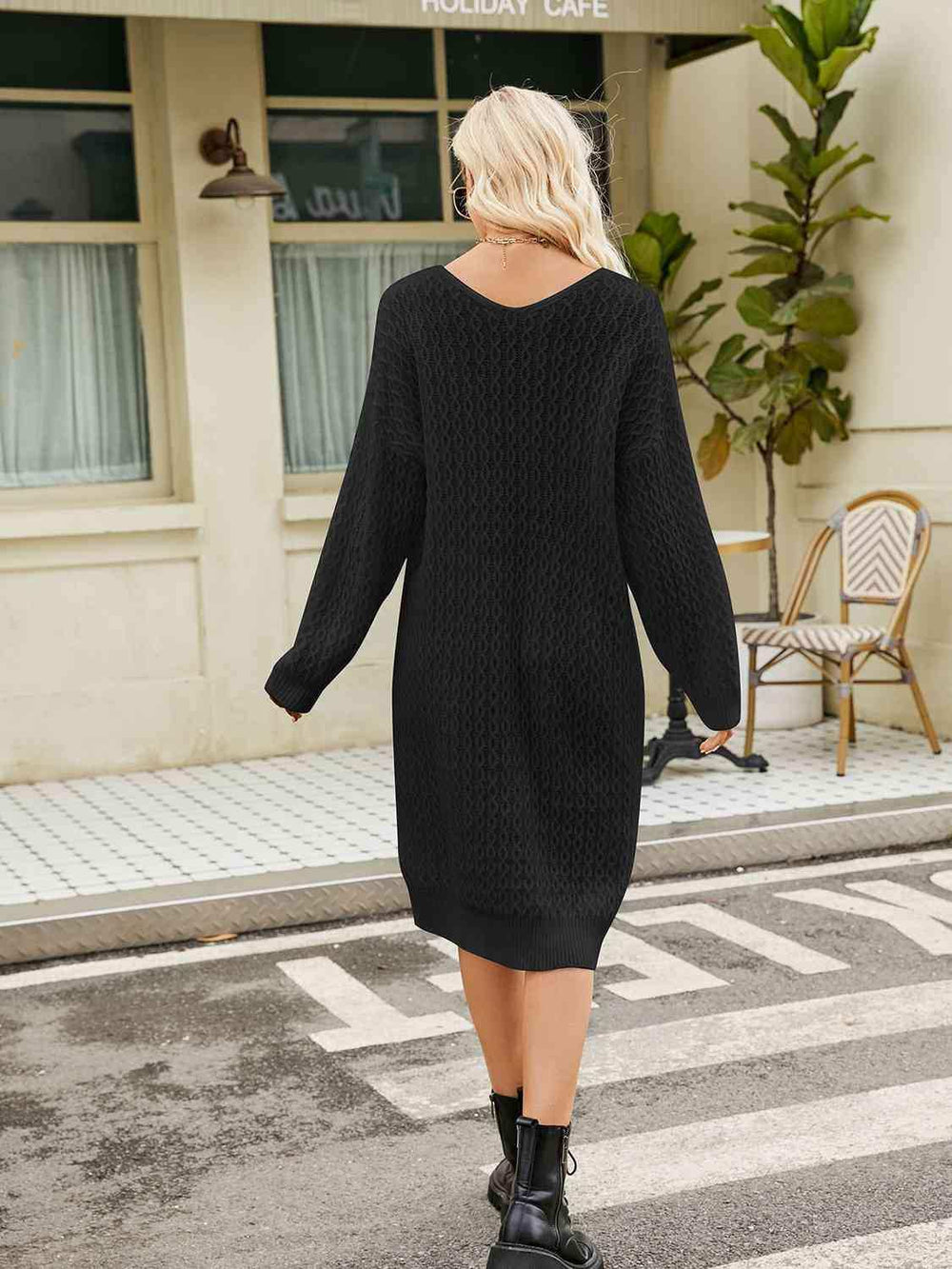 V-Neck Long Sleeve Sweater Dress - Trendsi - Flyclothing LLC