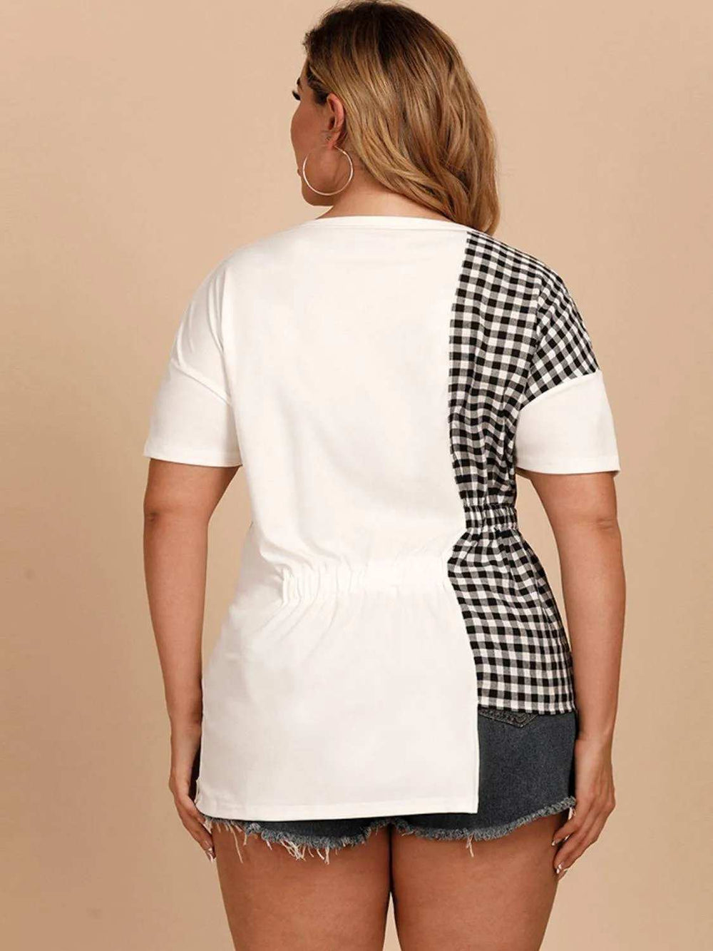Plus Size Gingham Color Block Asymmetrical T-Shirt - Trendsi - Flyclothing LLC