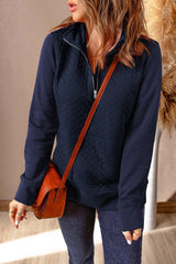 Quarter-Zip Quilted Sweatshirt with Kangaroo Pocket - Trendsi
