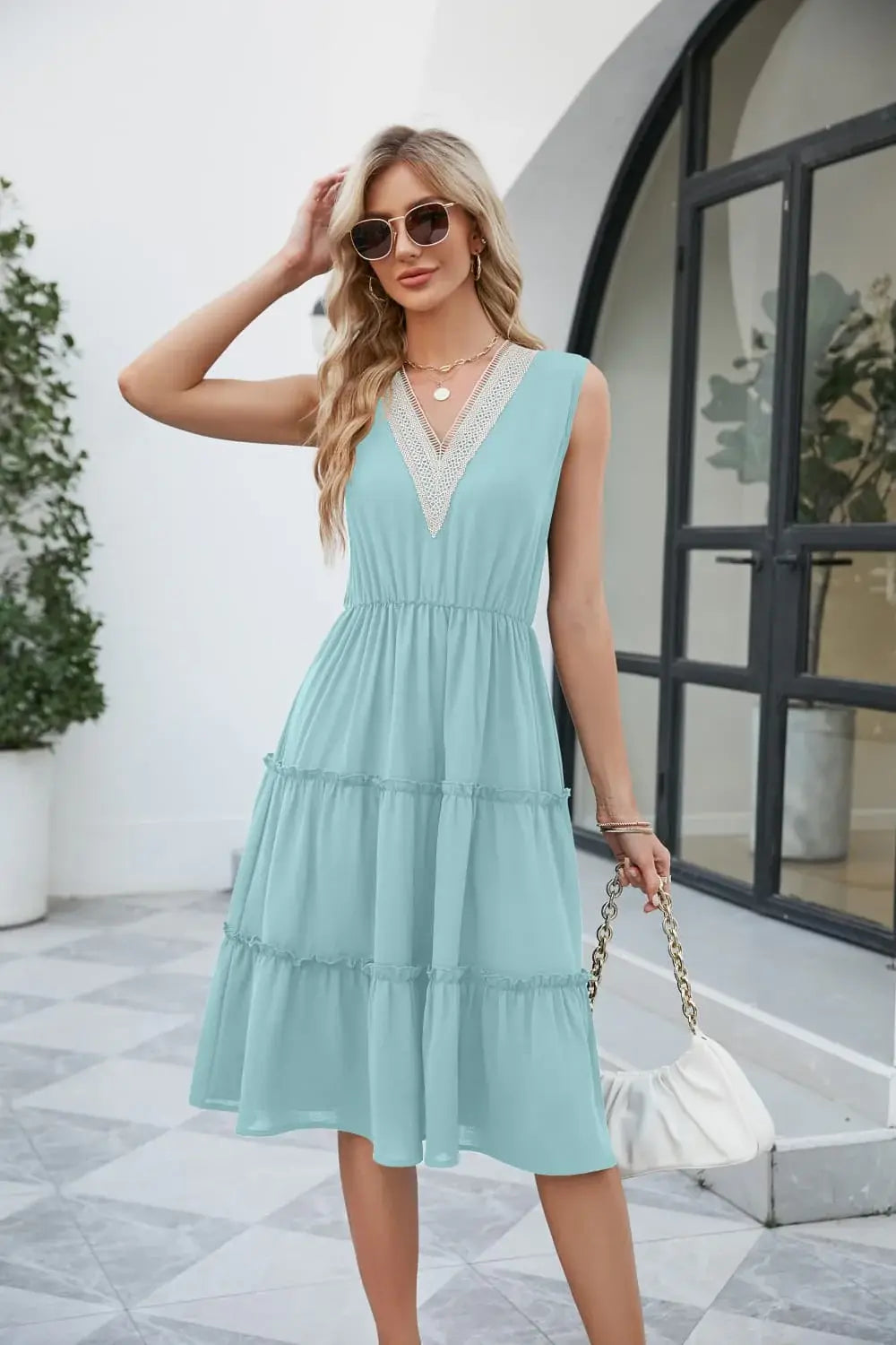Contrast V-Neck Sleeveless Tiered Dress - Trendsi - Flyclothing LLC