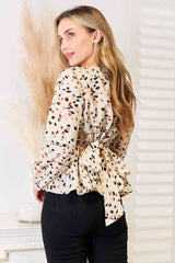 Double Take Printed Tied Plunge Peplum Blouse - Trendsi - Flyclothing LLC