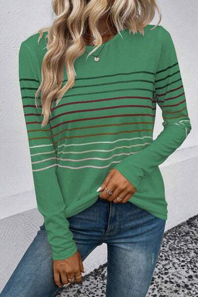 Striped Round Neck Long Sleeve T-Shirt - Trendsi - Flyclothing LLC
