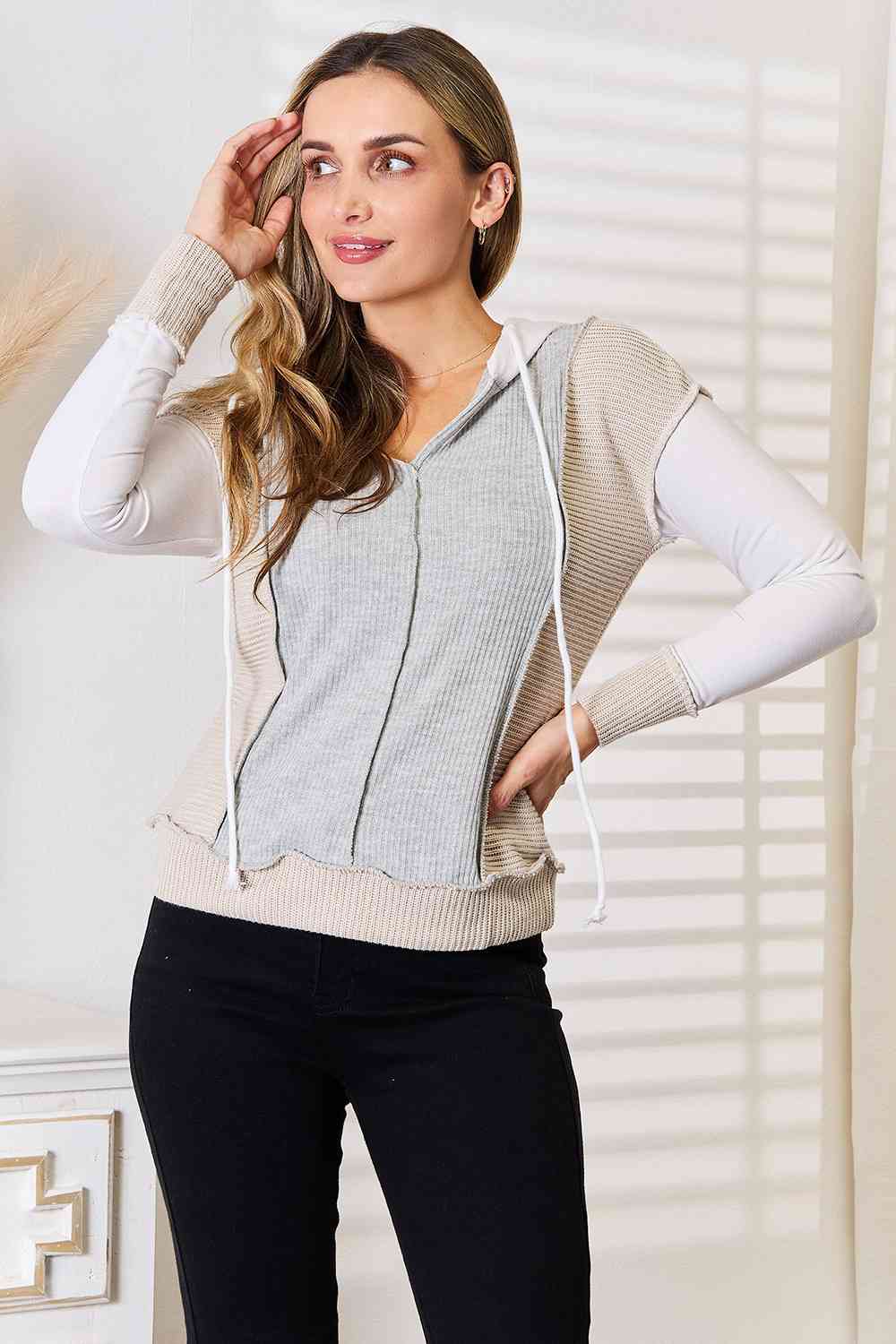 Double Take Color Block Exposed Seam Drawstring Hoodie - Trendsi - Flyclothing LLC