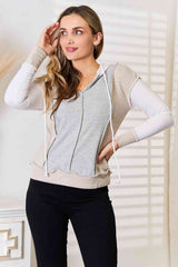 Double Take Color Block Exposed Seam Drawstring Hoodie - Trendsi - Flyclothing LLC