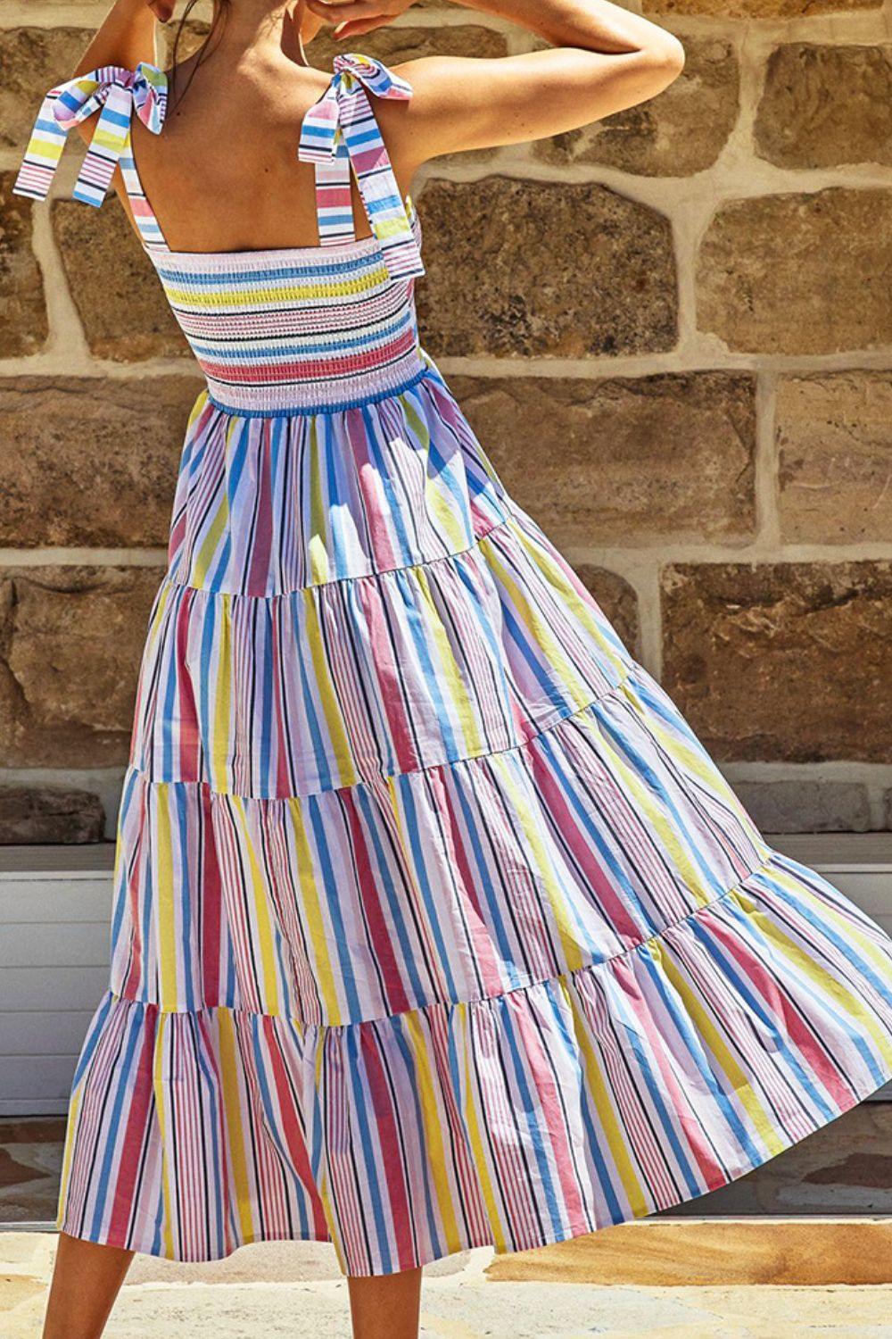 Striped Tie-Shoulder Smocked Tiered Dress - Flyclothing LLC