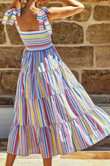 Striped Tie-Shoulder Smocked Tiered Dress - Flyclothing LLC