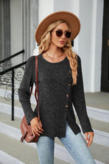 Buttoned Long Sleeve Slit Top - Trendsi