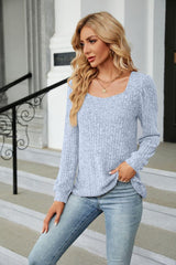 Ribbed Square Neck Long Sleeve T-Shirt - Trendsi