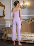 V-Neck Lace Trim Slit Cami and Pants Pajama Set - Trendsi