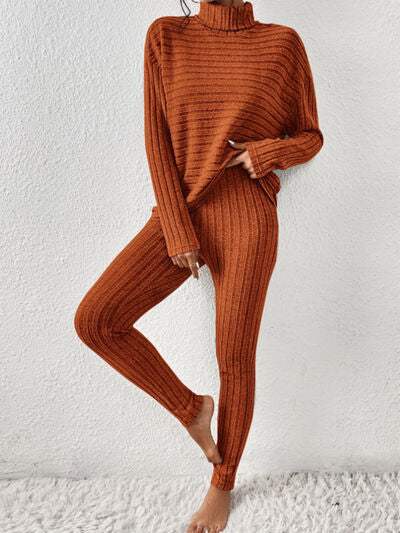 Ribbed Turtleneck Top and Pants Set - Trendsi - Flyclothing LLC
