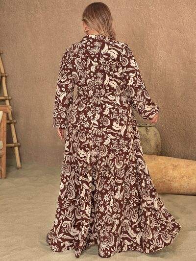 Plus Size Notched Balloon Sleeve Printed Maxi Dress - Trendsi - Flyclothing LLC