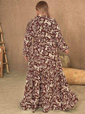 Plus Size Notched Balloon Sleeve Printed Maxi Dress - Trendsi - Flyclothing LLC