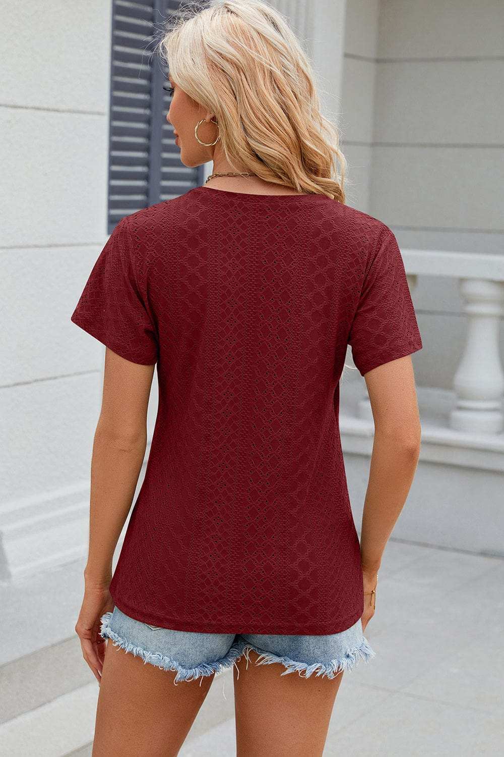 Eyelet Surplice Short Sleeve T-Shirt - Trendsi - Flyclothing LLC