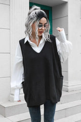 V-Neck Sleeveless Sweater Vest with Pocket - Trendsi - Flyclothing LLC