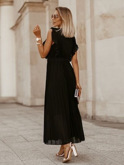 Tied Surplice Cap Sleeve Pleated Dress - Trendsi