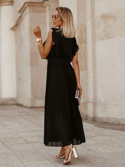Tied Surplice Cap Sleeve Pleated Dress - Trendsi - Flyclothing LLC