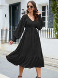 Swiss Dot V-Neck Smocked Lantern Sleeve Ruffle Hem Dress - Trendsi - Flyclothing LLC