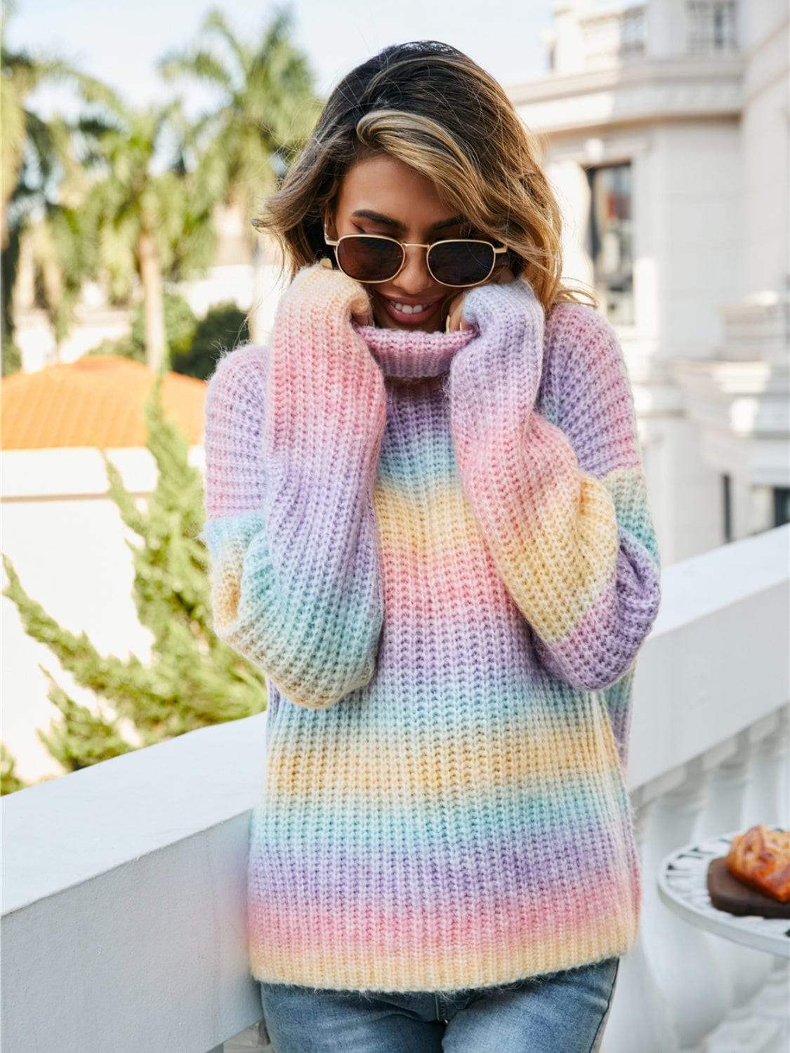 Contrast Turtleneck Dropped Shoulder Sweater - Trendsi - Flyclothing LLC