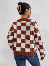 Checkered Round Neck Sweater - Trendsi - Flyclothing LLC