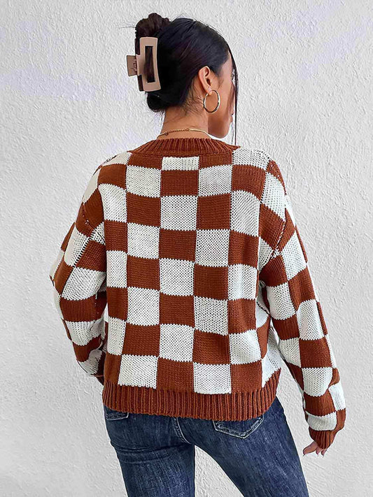 Checkered Round Neck Sweater - Trendsi - Flyclothing LLC