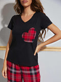 Heart Graphic V-Neck Top and Plaid Pants Lounge Set - Trendsi - Flyclothing LLC