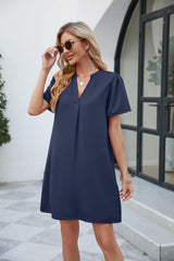 Notched Puff Sleeve Shift Dress - Trendsi