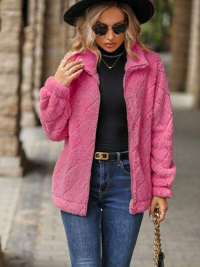 Fuzzy Pocketed Zip Up Jacket - Trendsi - Flyclothing LLC