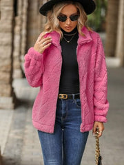 Fuzzy Pocketed Zip Up Jacket - Trendsi