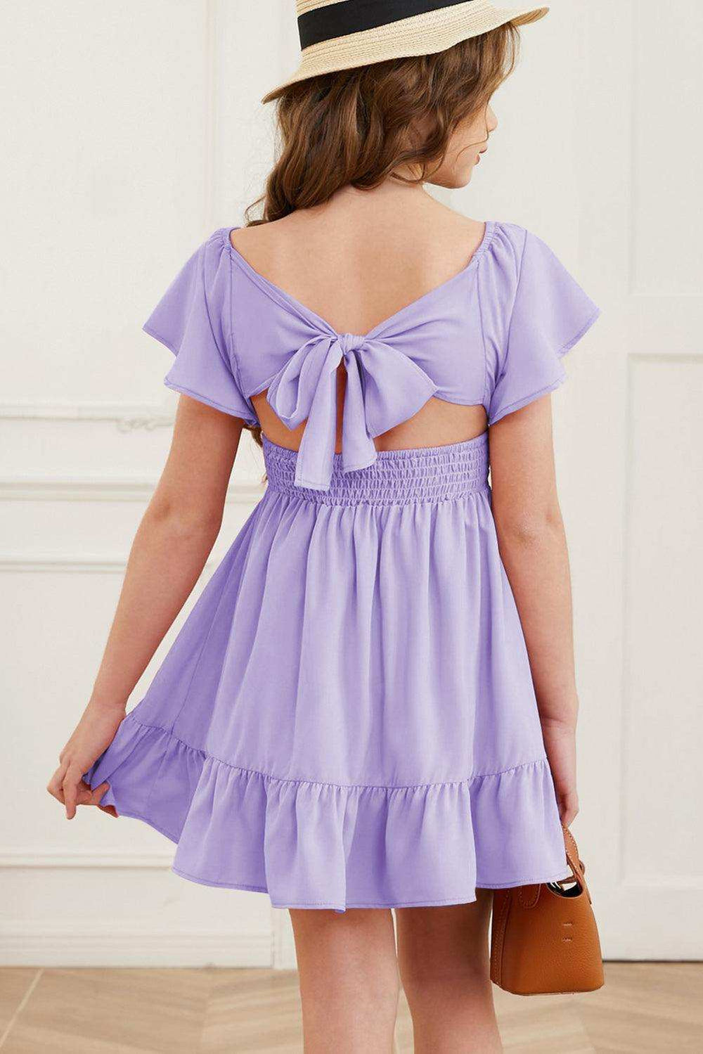 Ruffle Hem Tie-Back Flutter Sleeve Dress - Trendsi - Flyclothing LLC