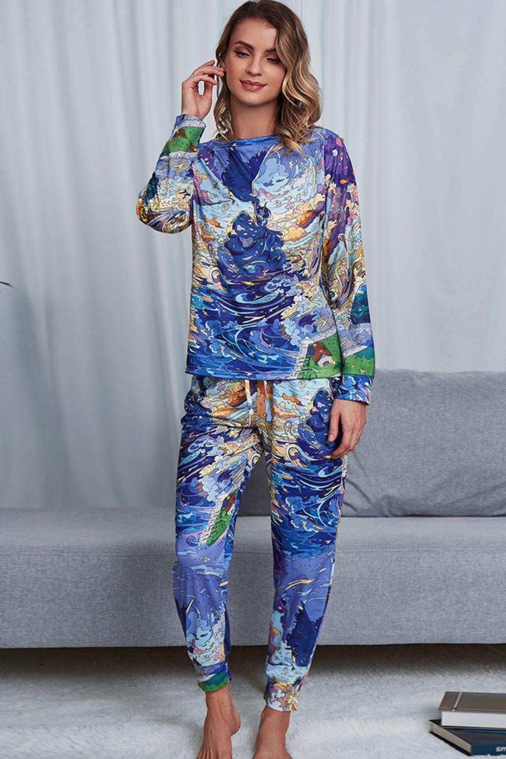 Tie-Dye Crewneck Top and Drawstring Waist Joggers Lounge Set - Trendsi - Flyclothing LLC