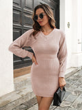 Rib-Knit V-Neck Sweater Dress - Trendsi