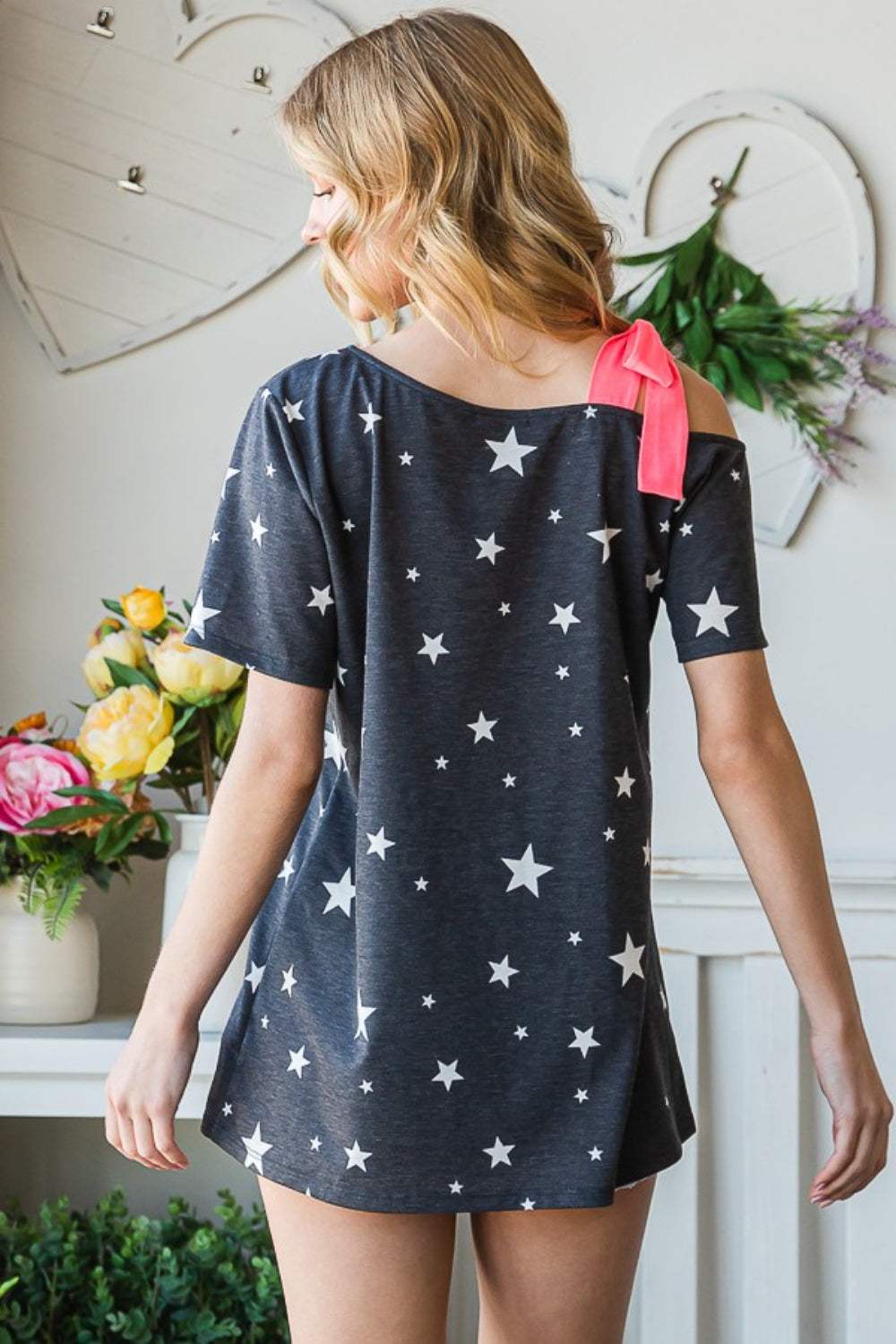 Heimish Full Size Star Print Asymmetrical Neck Short Sleeve Top - Trendsi - Flyclothing LLC