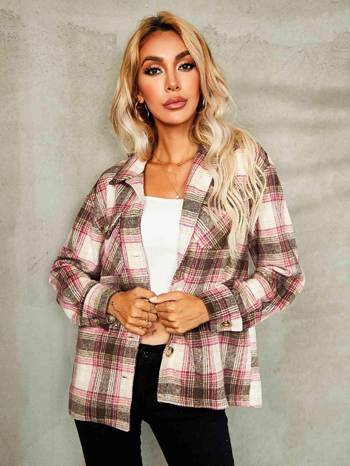 Plaid Button Down Collared Jacket - Trendsi