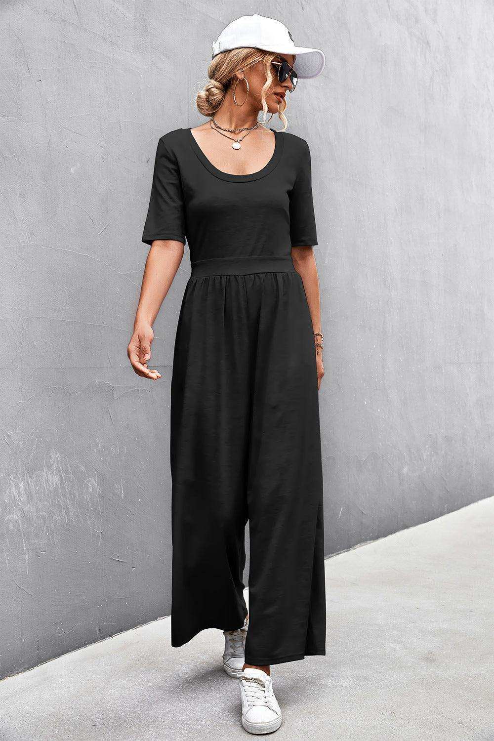 Scoop Neck Half Sleeve Wide Leg Jumpsuit - Trendsi - Flyclothing LLC