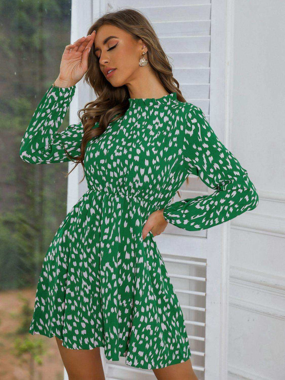 Printed Frill Neck Long Sleeve Dress - Trendsi - Flyclothing LLC