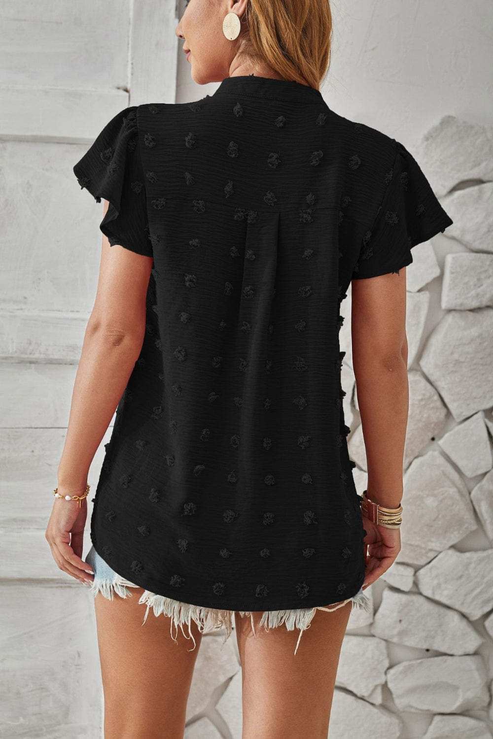 Swiss Dot Notched Cap Sleeve T-Shirt - Trendsi - Flyclothing LLC