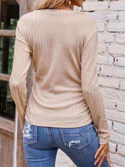 Textured Ruched V-Neck Long Sleeve T-Shirt - Trendsi - Flyclothing LLC